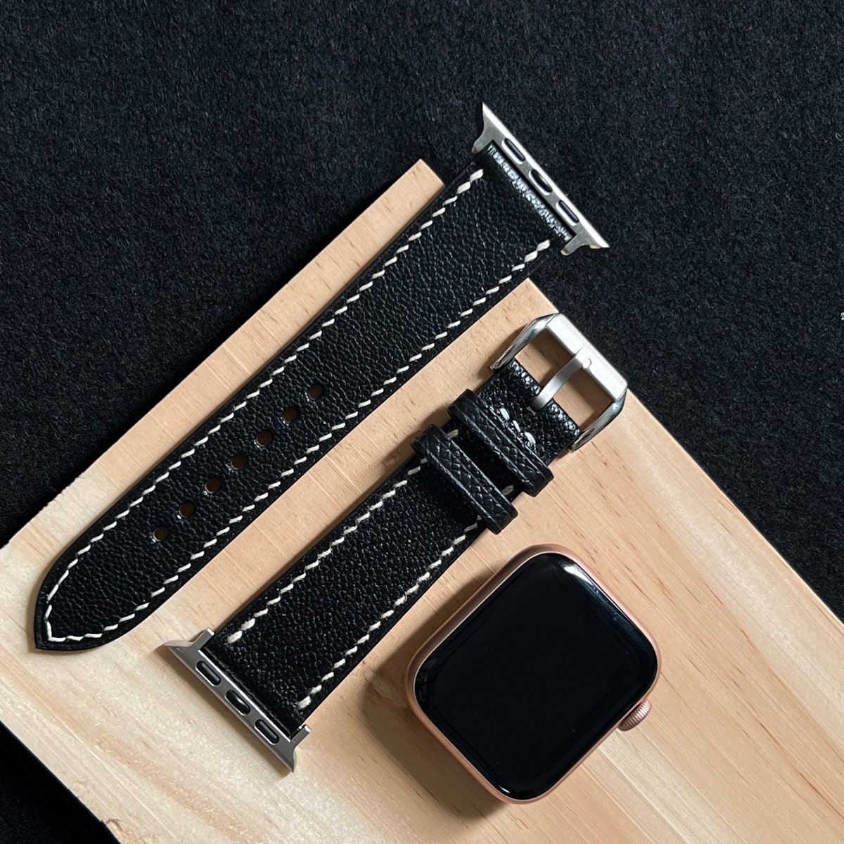 Black Apple Epsom Leather Watch Band With Hand stitching 2