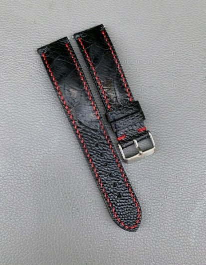 Black Ostrich Leather Watch Strap with Red Stitching
