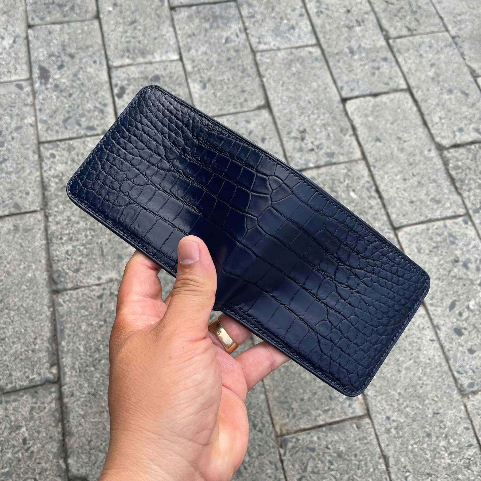 Navy Blue Double Side Alligator Bifold Wallet