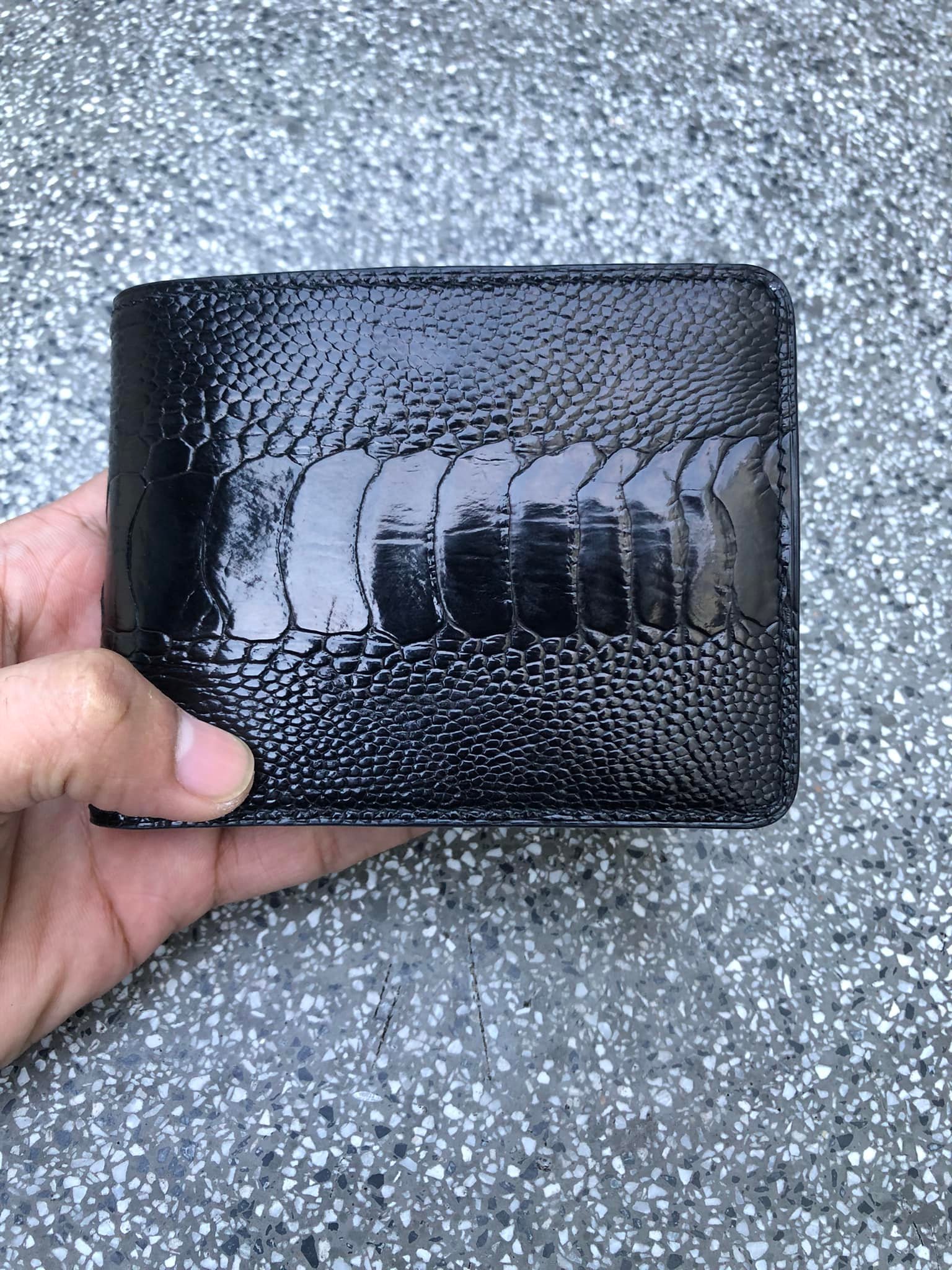Black Double Side Ostrich Leg Leather Bifold Wallet For Men