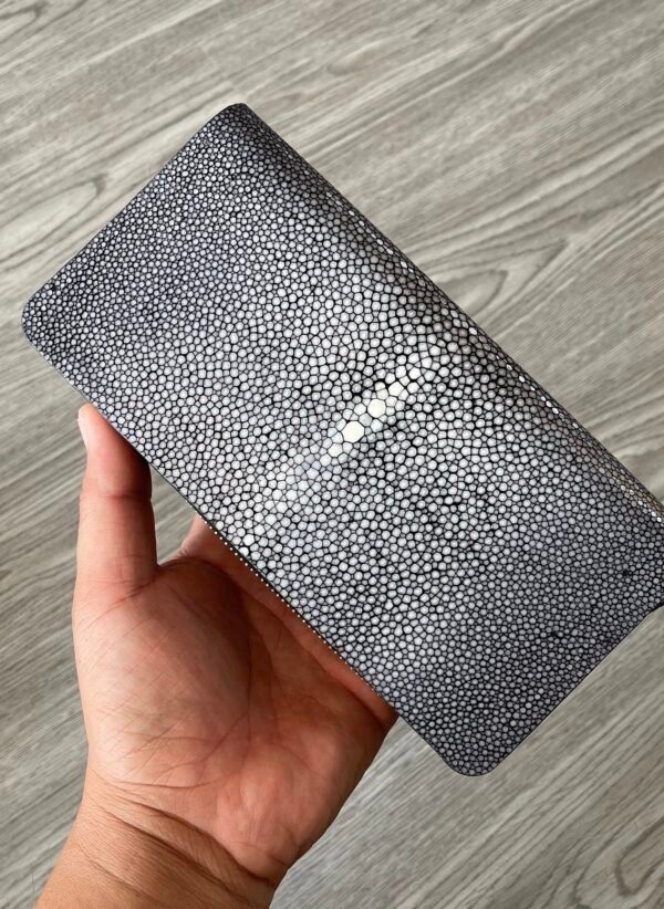 Polished Black Stingray Pearl Leather Long Wallet Handmade