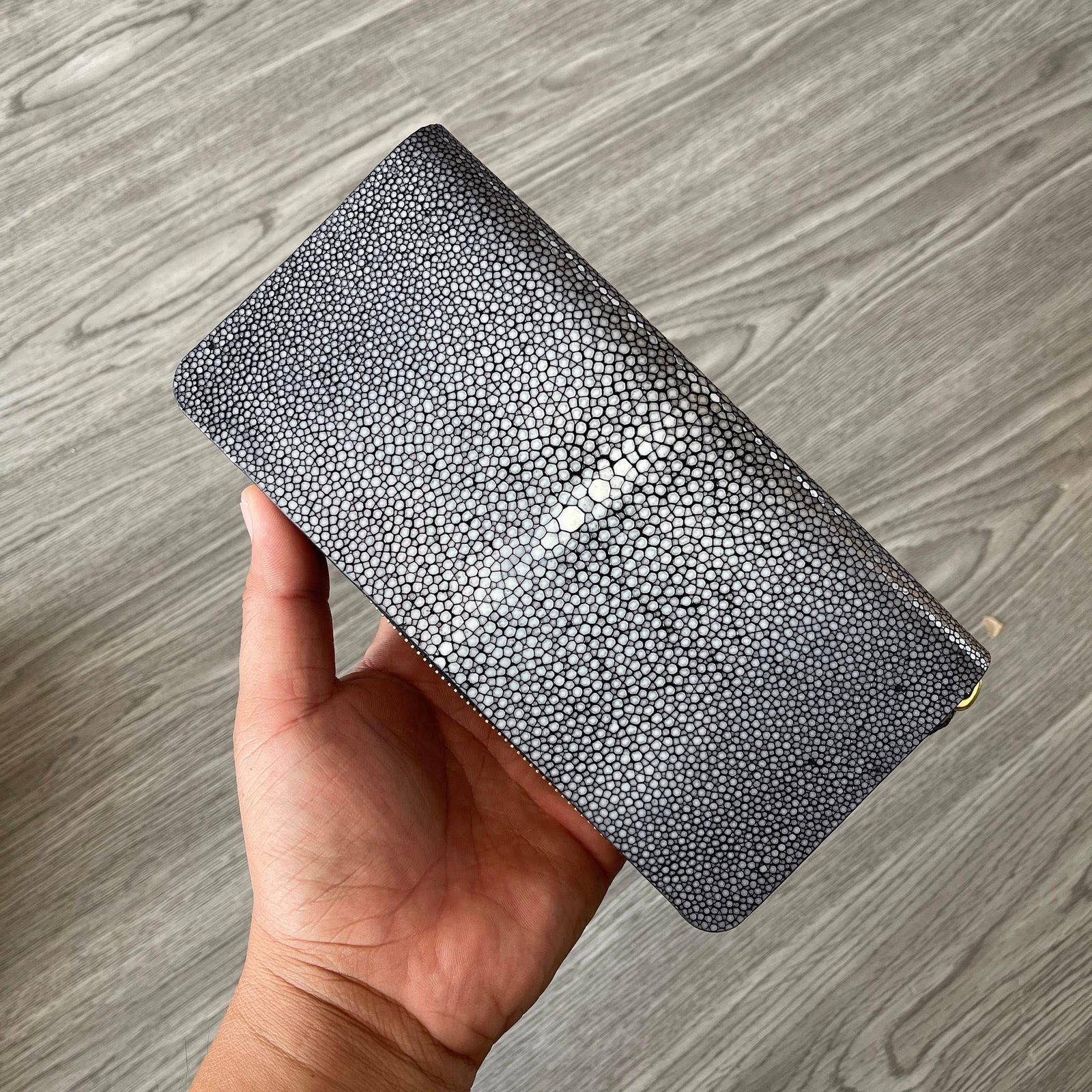 Polished Black Stingray Pearl Leather Long Wallet Handmade