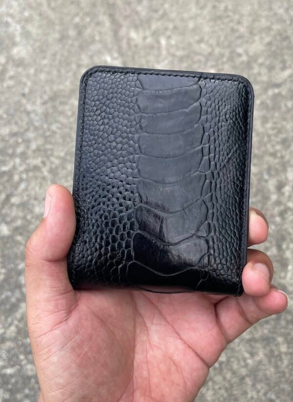 Black ostrich leather bifold wallet